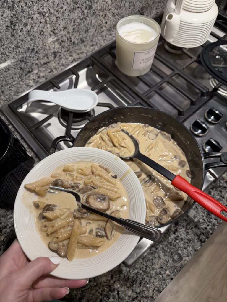 Pasta in a creamy mushroom French onion sauce