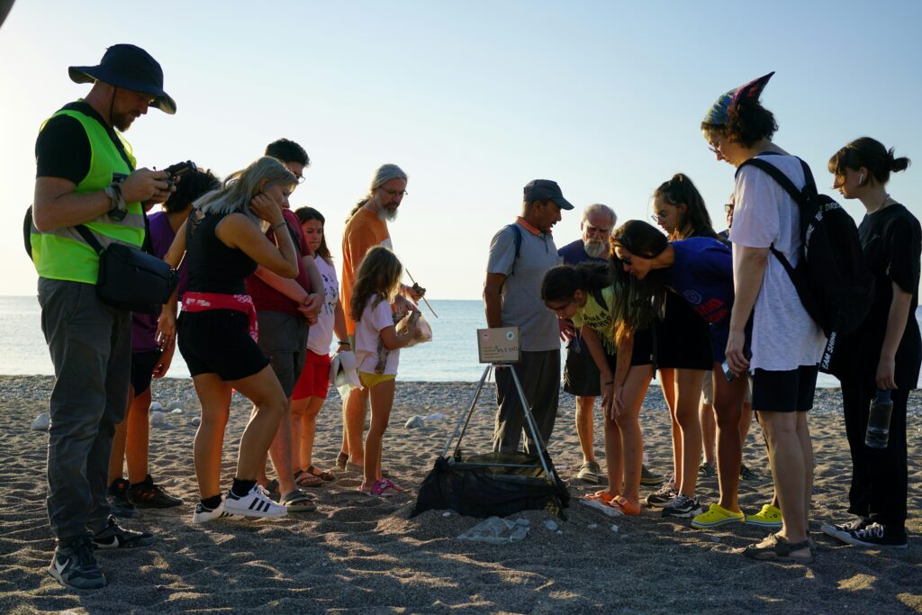 Students on the beach doing outdoor learning.